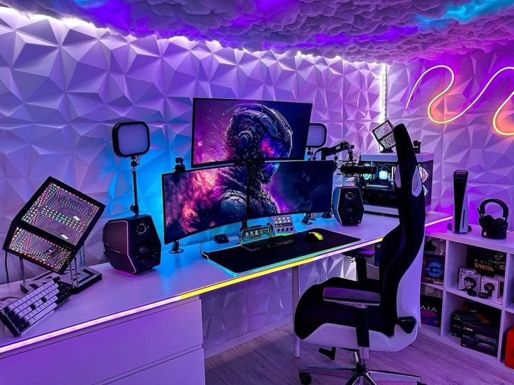 Luxury digital gaming lounge with multiple ambient displays and mechanical setups